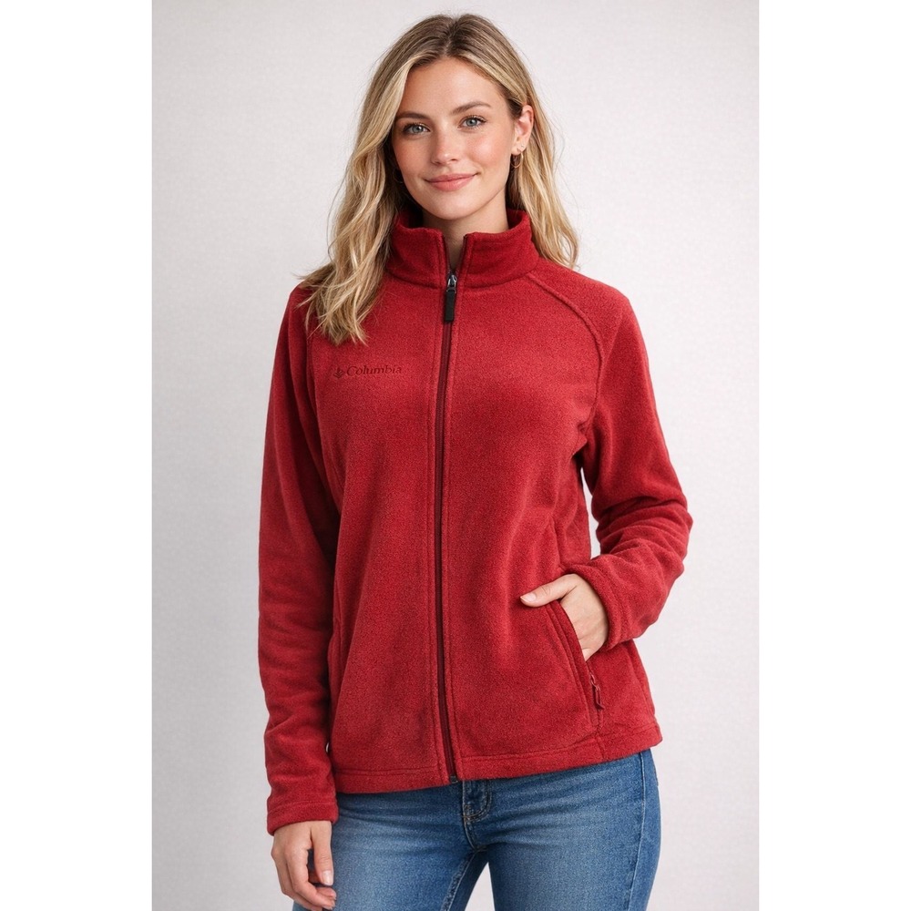 Columbia Womens Benton Springs Full Zip Fleece Jacket Red XL Mock Neck Raglan